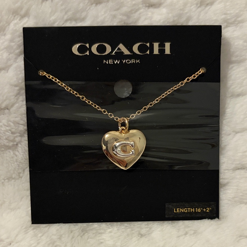 COACH Gold Heart Pendant Necklace With Logo - Picture 4 of 4
